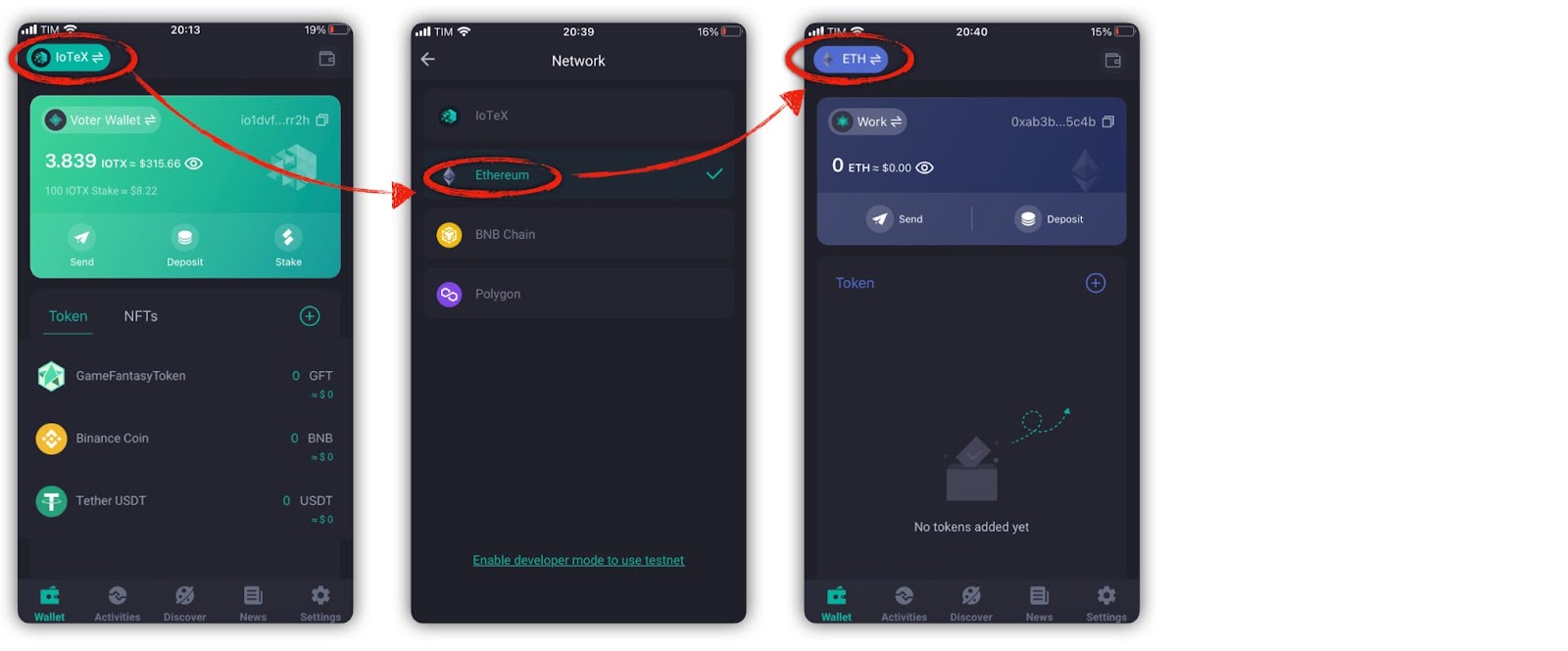 Screenshot of steps to switch networks in ioPay app