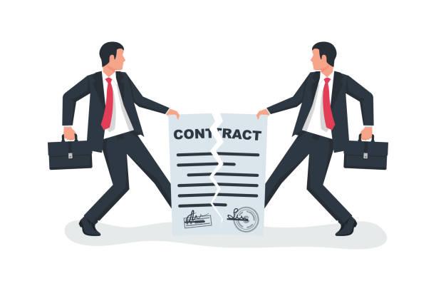 Break of a contract. Two businessmen pull rope, tearing contract. Break of a contract. Two businessmen pull rope, tearing contract. Vector illustration flat design. Isolated on background. Concept of disagreement. Business documents. End deal. contract breach stock illustrations