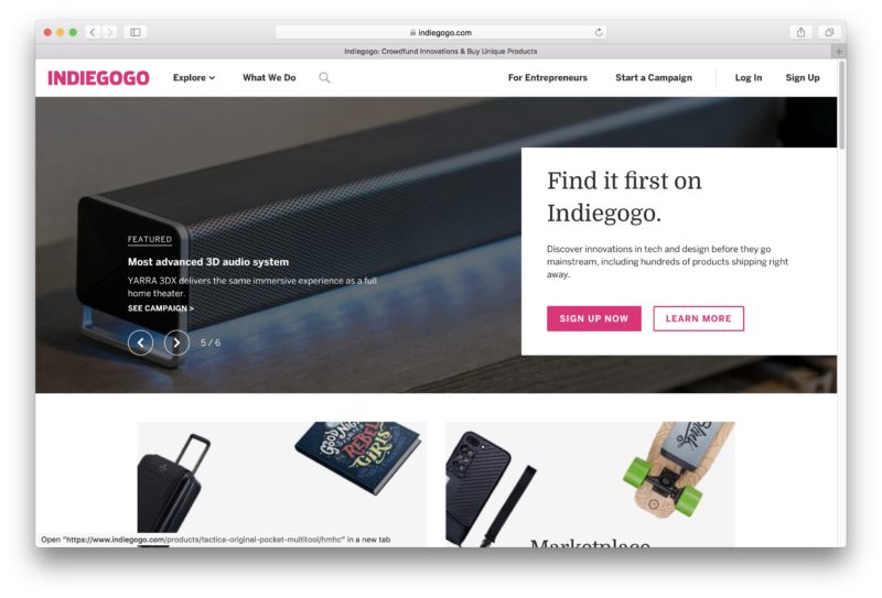 A página inicial do Indiegogo.