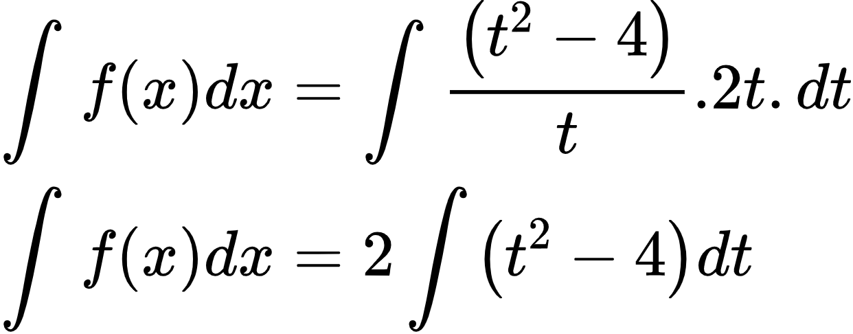 {"code":"\\begin{align*}\n{\\int_{}^{}f\\left(x\\right)dx}&={\\int_{}^{}\\frac{\\left(t^{2}-4\\right)}{t}.2t.dt}\\\\\n{\\int_{}^{}f\\left(x\\right)dx}&={2\\int_{}^{}\\left(t^{2}-4\\right)dt}\t\n\\end{align*}","id":"2-1-0-1-1-1-1-1-1-1-1-1-1-0","type":"align*","font":{"size":10,"color":"#000000","family":"Arial"},"ts":1600082824238,"cs":"X8Bk/V5V3SWhddXsjsZ4Og==","size":{"width":206,"height":80}}