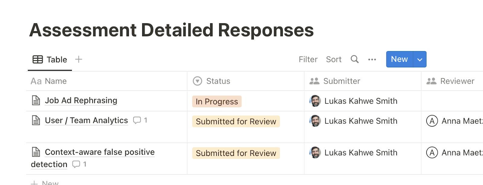 Screenshot of Notion showing a list of detailed assessment responses