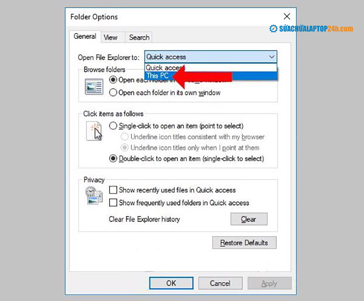 Chọn This PC tại Open File Explorer và nhấn OK để thay đổi