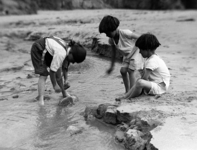 A foto em preto e branco mostra três garotos, brancos e de cabelos curtos e escuros brincando na praia. Eles usam shorts, camisetas brancas e estão descalços. Um deles está sentado na areia, um segundo está de pé ao seu lado, e o terceiro está de pé com o tronco abaixado, pegando pedras no córrego que cobre seus pés, em frente aos outros dois.