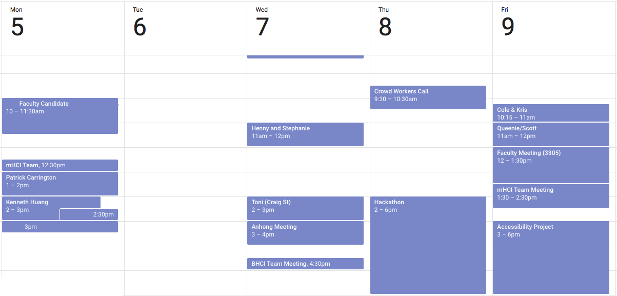 Jeff's calendar showing lots of free time during the week, including a completely empty Tuesday!