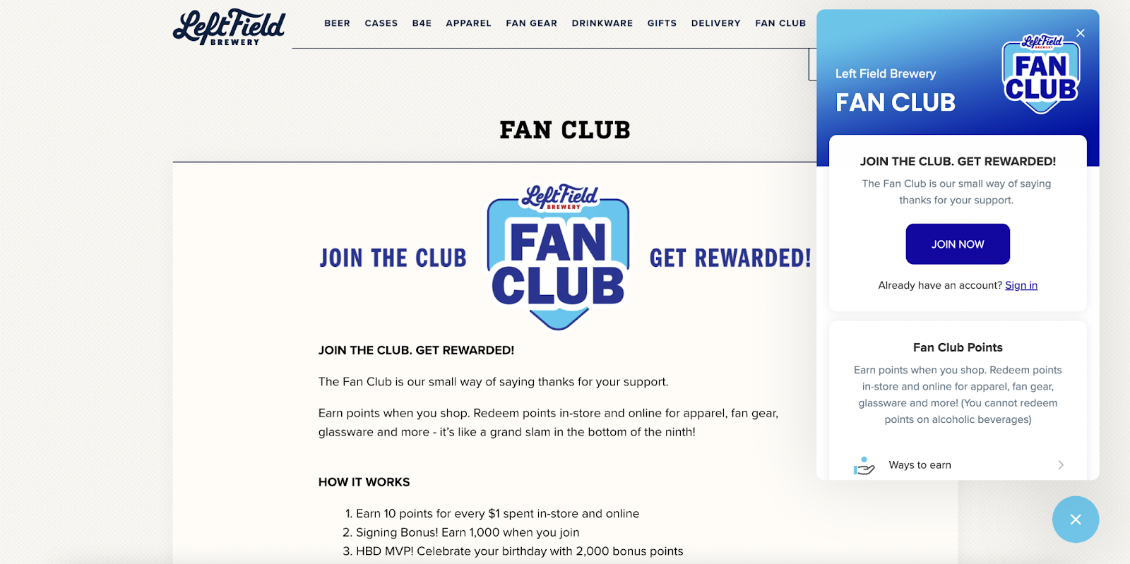 Creative rewards program names–A screenshot of Left Field Brewery’s Fan Club rewards program explainer page and their rewards program launcher on the side. The page title is “Join the Club. Get Rewarded!”