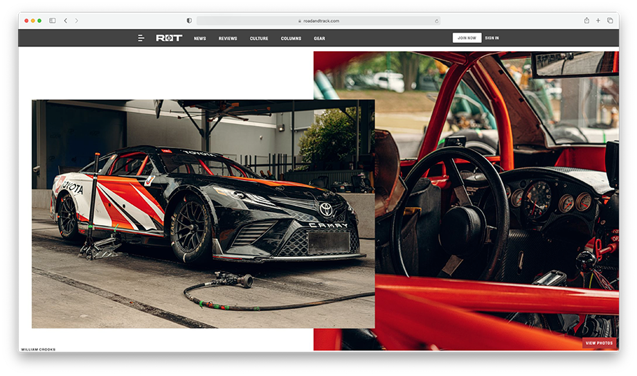 Road and Track article featuring two images of Toyota Formula 1 NASCAR Race car shot by photographer Will Crooks.