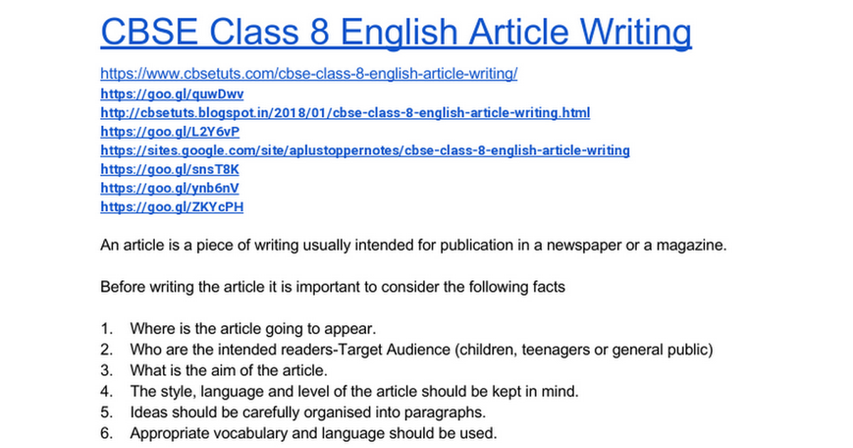 CBSE Class 8 English Article Writing - Google Docs