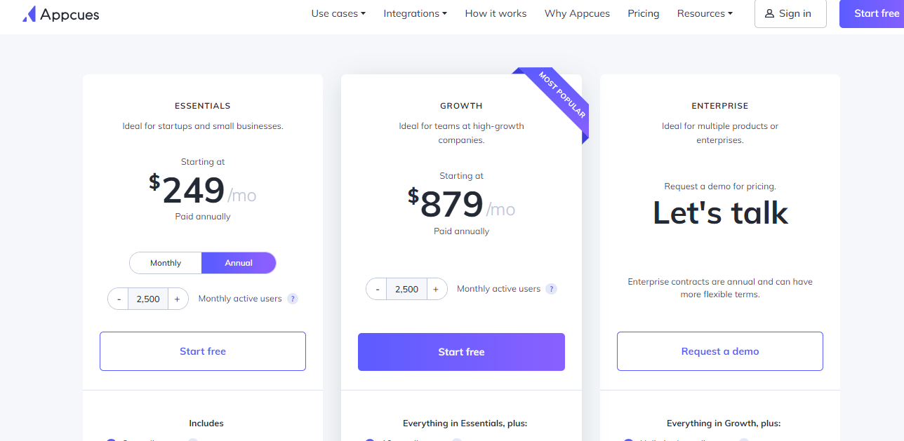 Screenshot of pricing page for Appcues