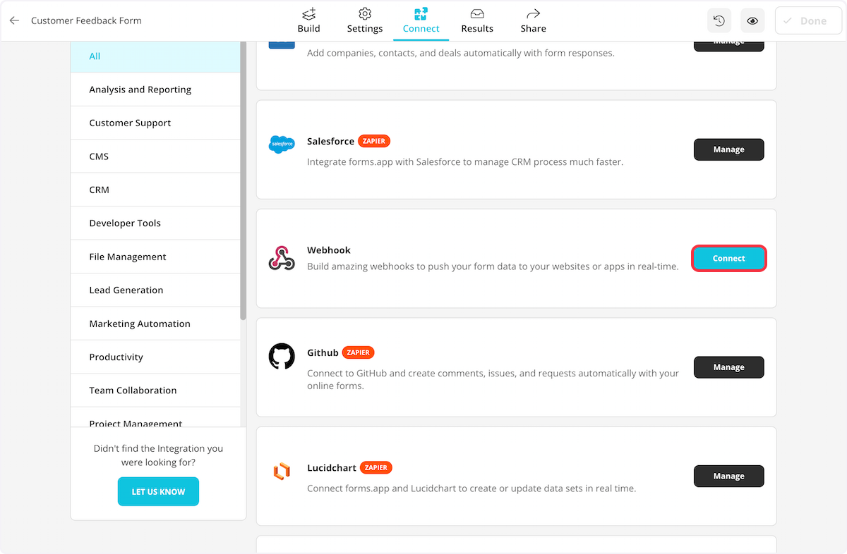 Scroll down to find the Webhook option and click on Connect.