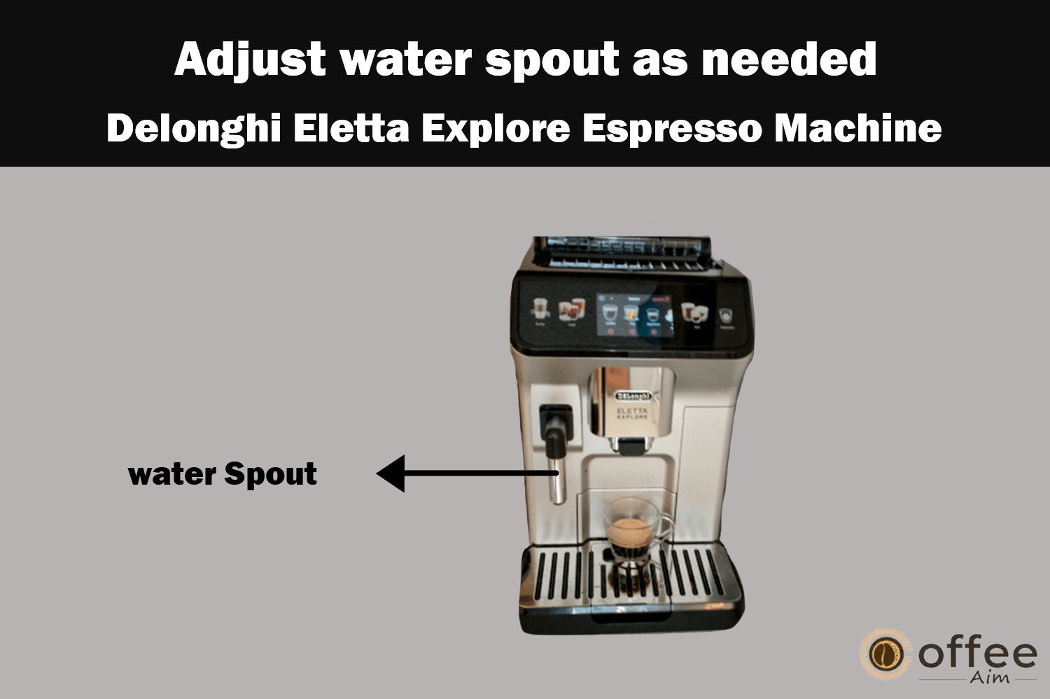 The image illustrates the adjustment of the water spout on the "Delonghi Eletta Explore Espresso Machine," a key step outlined in the article "How to Use the Delonghi Eletta Explore Espresso Machine."