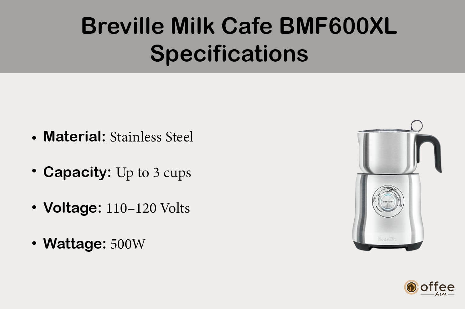 This illustration presents the specifications of the "Breville Milk Cafe BMF600XL" as detailed in the article "Breville Milk Cafe BMF600XL Review."