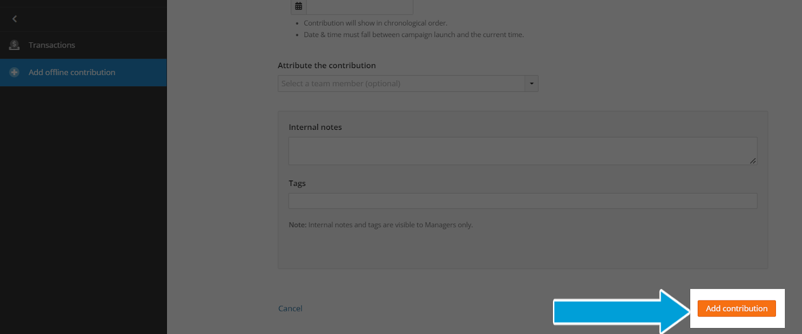 Screenshot of the offline contribution flow