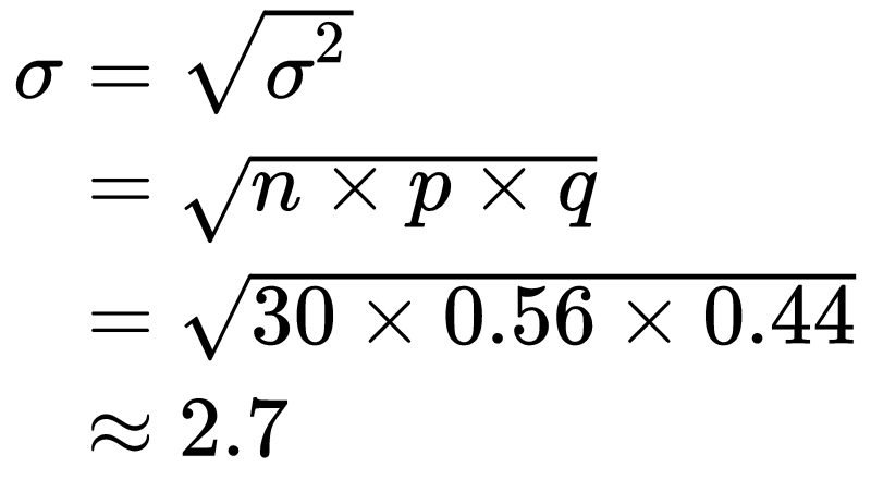 \begin{equation} 
\begin{split}
\sigma &= \sqrt{\sigma^2} \\
&= \sqrt{n \times p \times q}\\
&= \sqrt{30 \times 0.56 \times 0.44}\\
&\approx 2.7
\end{split}
\end{equation}