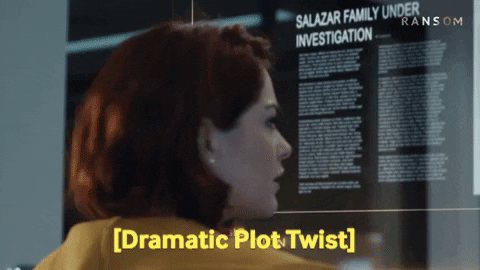 A woman turning around looking shocked and the text below her reads "[dramatic plot twist]". 