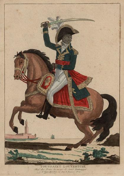 Illustration of Toussaint L'Ouverture on horseback dressed in formal uniform and carrying an officer's sword.