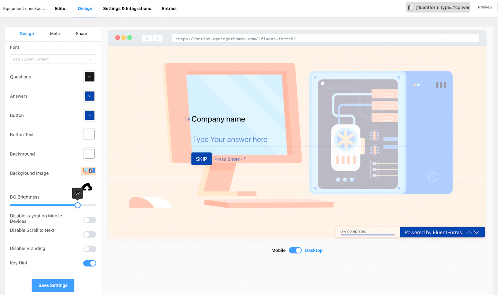 Fluent Forms' conversational forms editor