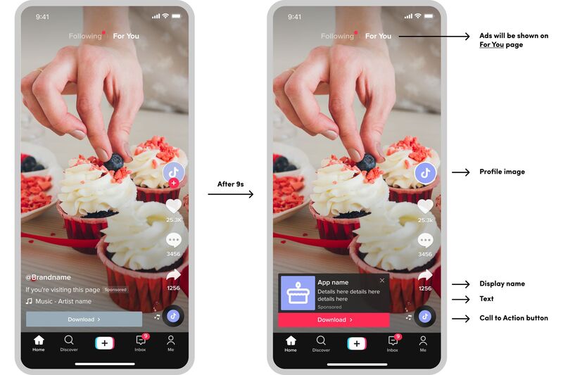 In-feed ads là hình thức chạy quảng cáo trên tiktok thường xuất hiện giữa hoặc cuối các video trên tiktok, có thời lượng khoảng 5 - 15 giây. 