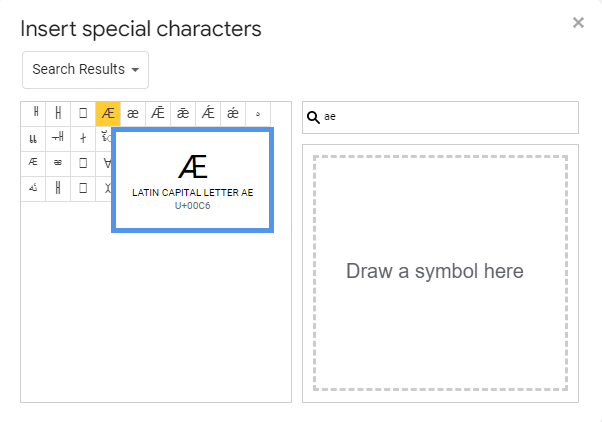 searching for ae Symbols text in special characters in google docs