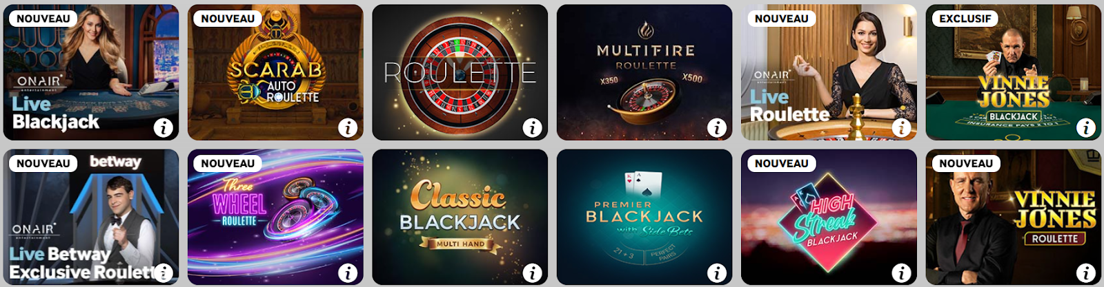 Catalogue jeux en direct Betway Casino