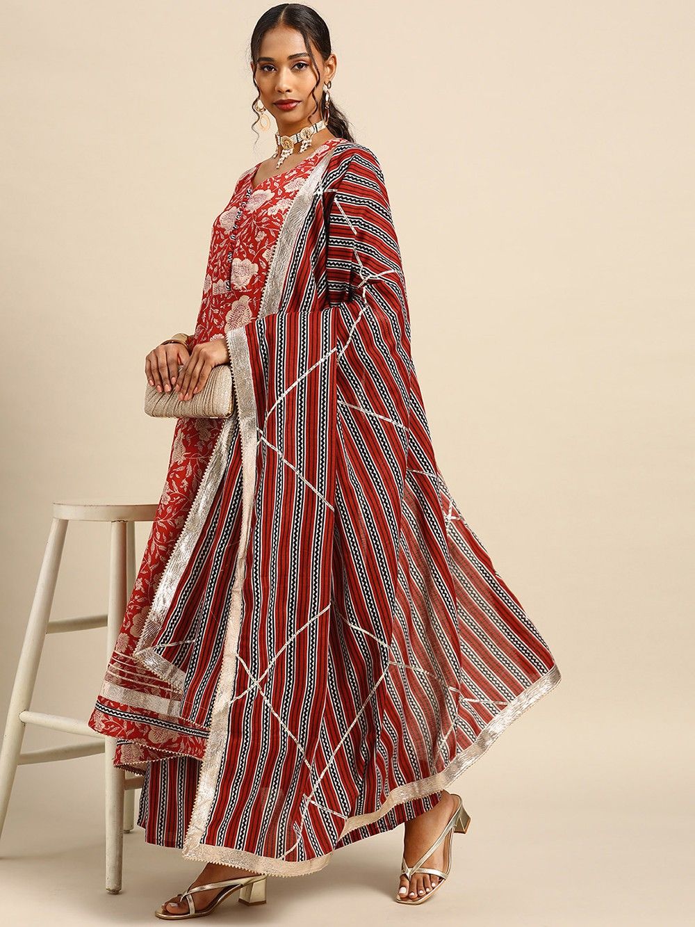 the loom-Red Printed Cotton Gota Work Anarkali Suit