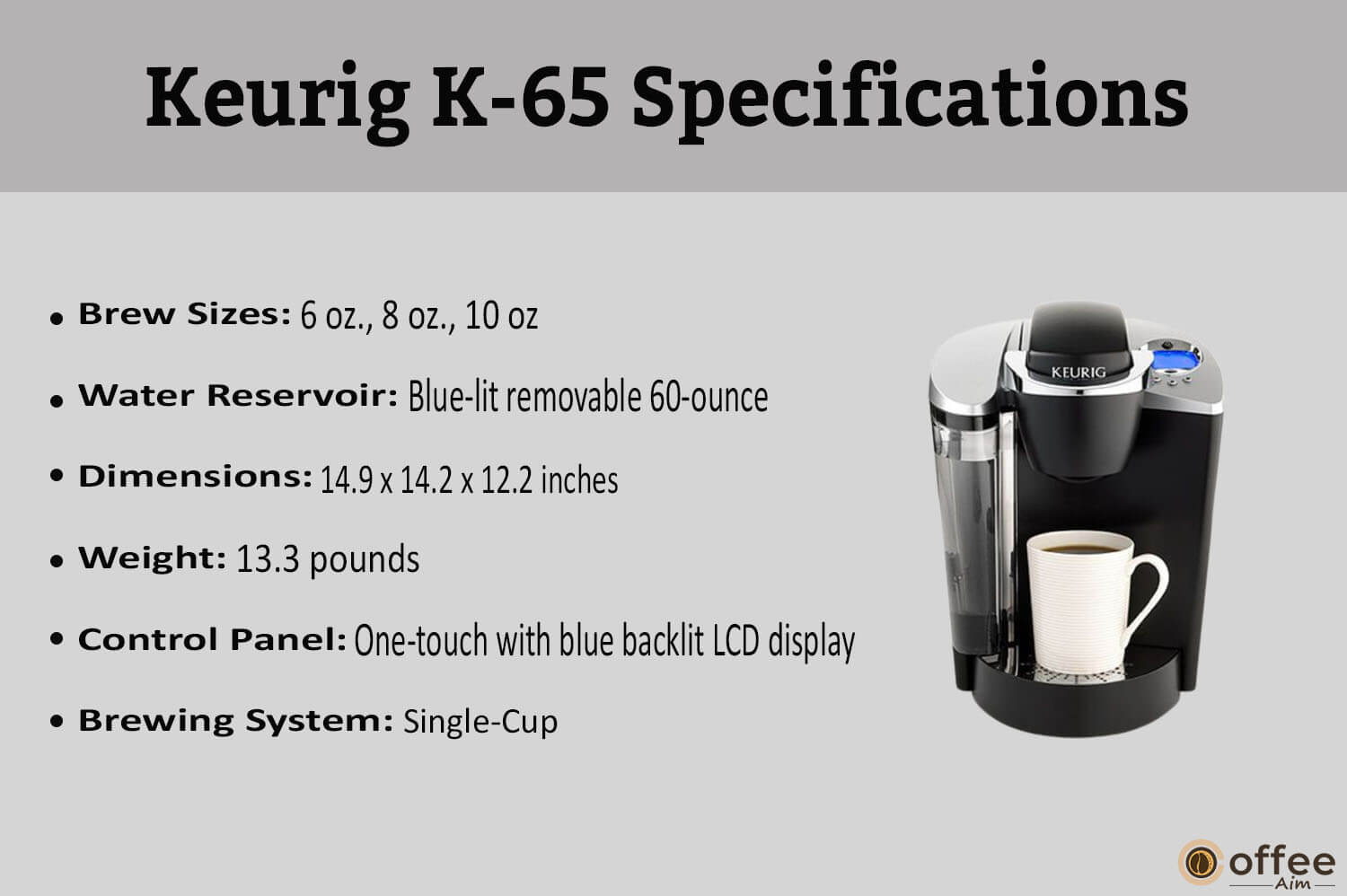 "The image meticulously outlines the specifications of the Keurig K-65 machine, enhancing our comprehensive Keurig K-65 review article for readers seeking technical details."