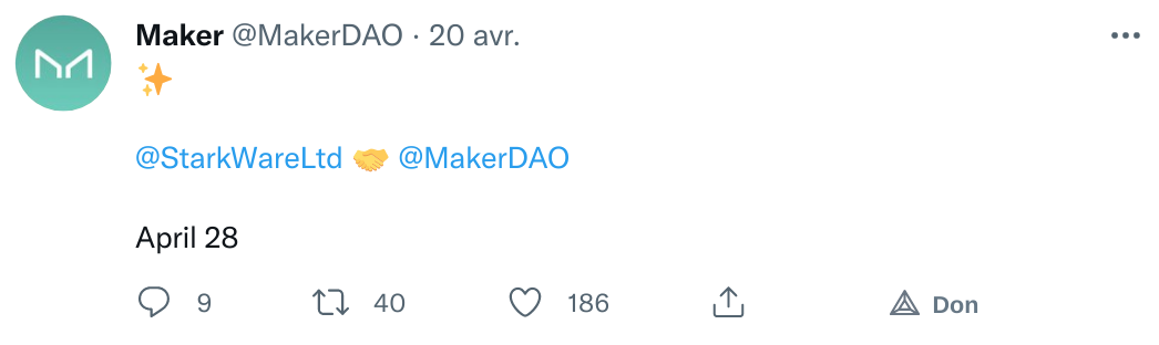 Tweet de l'annonce du déploiement de MakerDAO sur Starknet