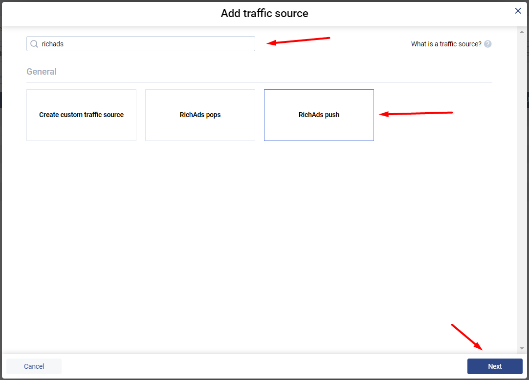 Choose a traffic source option at Voluum tracker