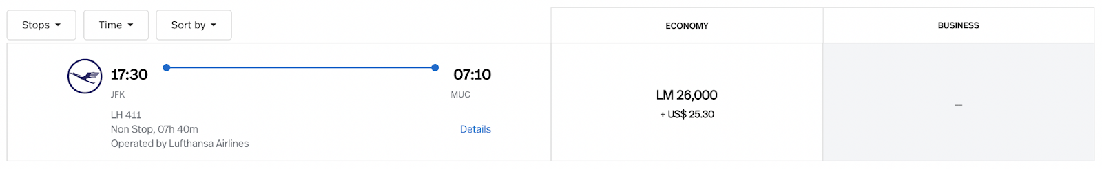 Screenshot showing a Lufthansa flight bookable for 26,000 Avianca Lifemiles, plus $25.30. Lufthansa flight is the same flight as the other screenshot on this page.