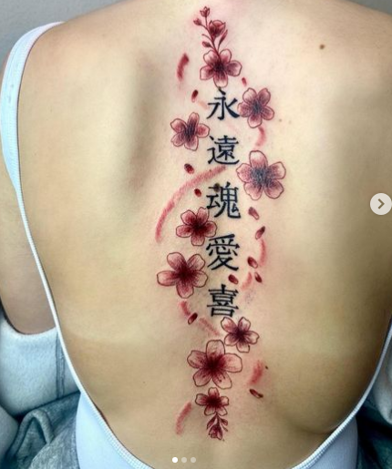Red And Black Spine Cherry Blossom Tattoo