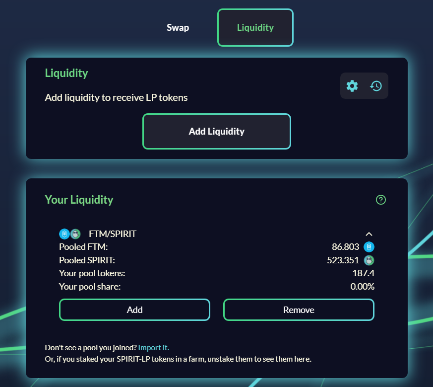 Add and remove liquidity on SpiritSwap