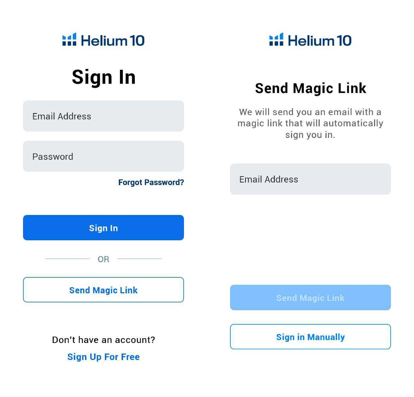 Um exemplo da tela Sign in via email address e Magic Link.