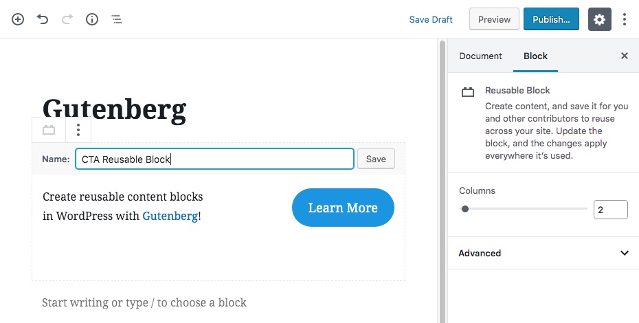 Blocos de conteúdo reutilizáveis ​​do Gutenberg Etapa 2