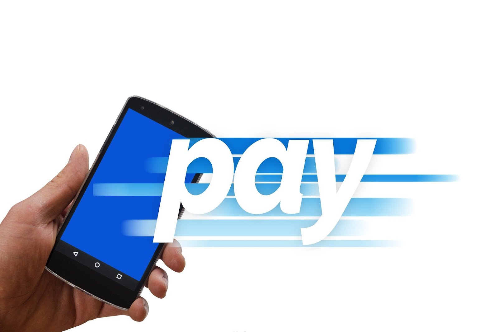 An image of a hand holding a smartphone. The phone's screen is blue, and the word "pay" extends off the screen to the right.