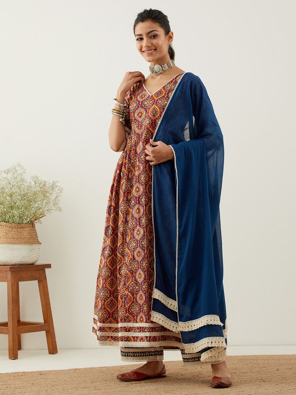 the loom - Red Printed Cotton Anarkali Suit