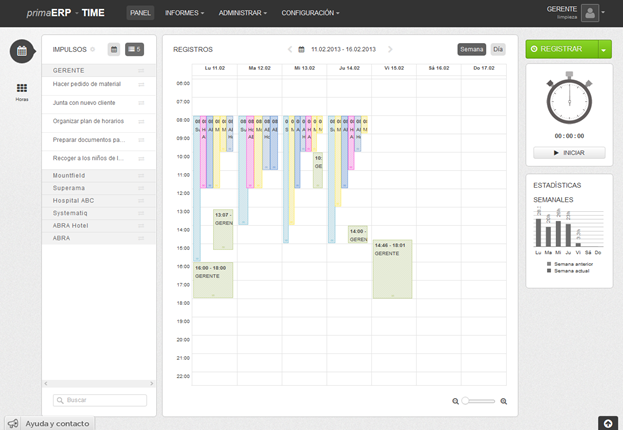 Panel del calendario en primaERP TIME TRACKING.