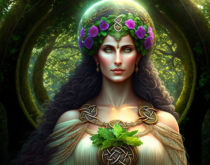 Goddess Nontosuelta is standing in front of a window that looks out into a deep forest. She is wearing a green head wrap with purple flows adorning it with her black curly hair flowing out of it. Her green eyes match the scenery. Her white dress is adorned with ancient Celtic jewelry with some greenery attached.