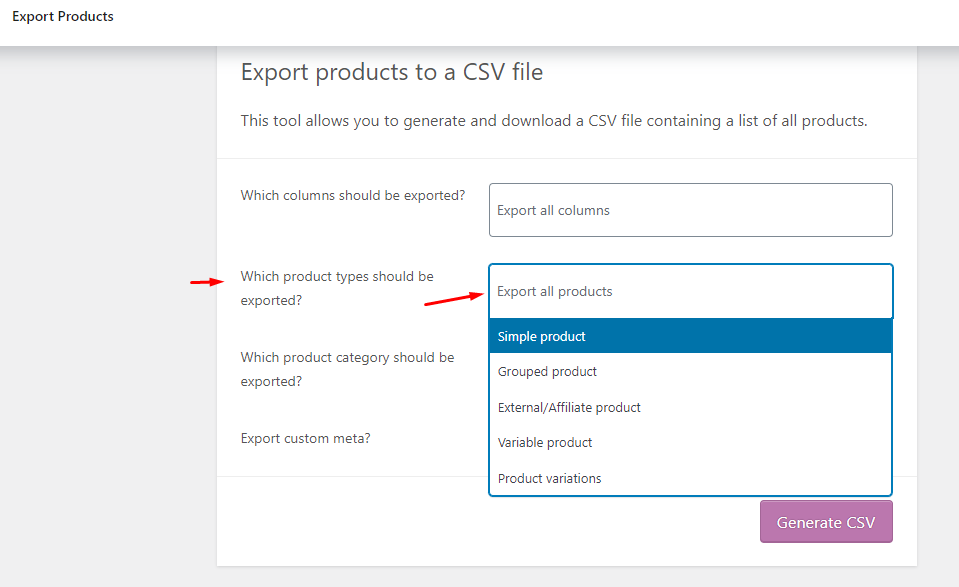 product type filter