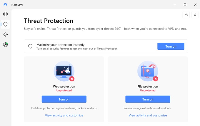 NordVPN Threat Protection feature in app