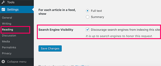 Configuração de visibilidade do mecanismo de pesquisa no WordPress