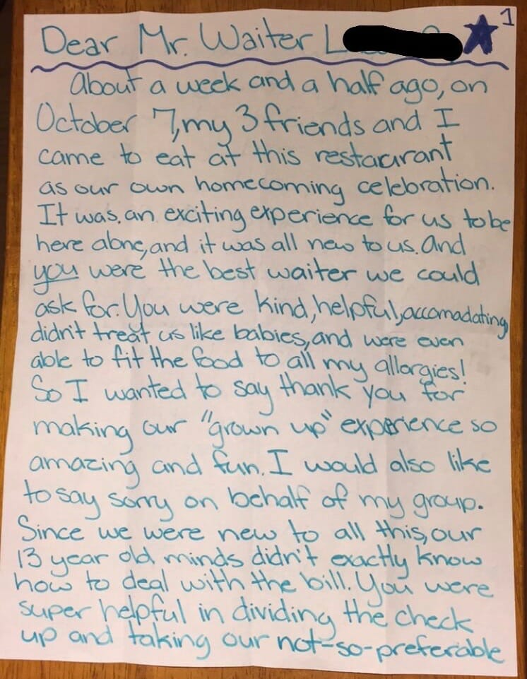 Teenagers' letter for their waiter, apologizing for their bad tip