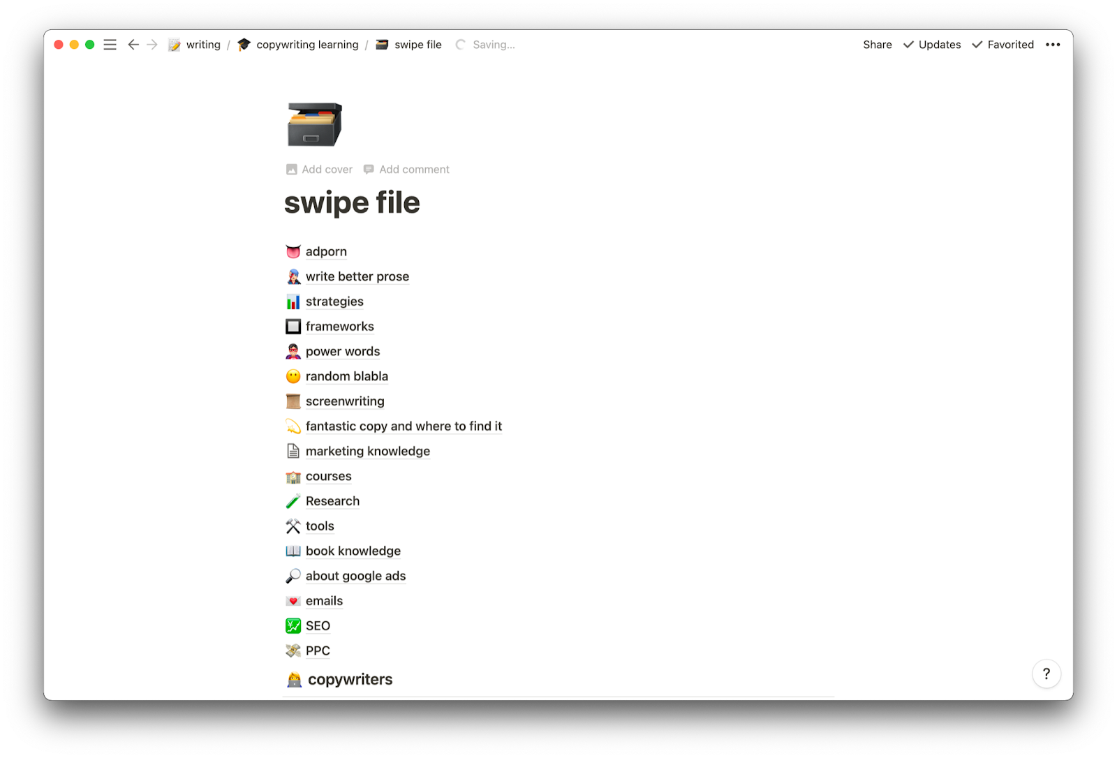 Screenshot of the swipe file categories in my notion.so.