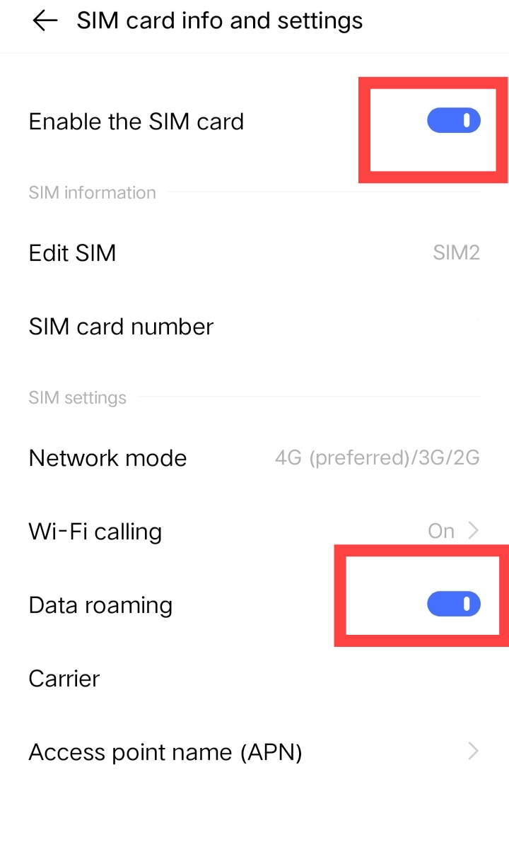  enable the sim card icon and data roaming. 