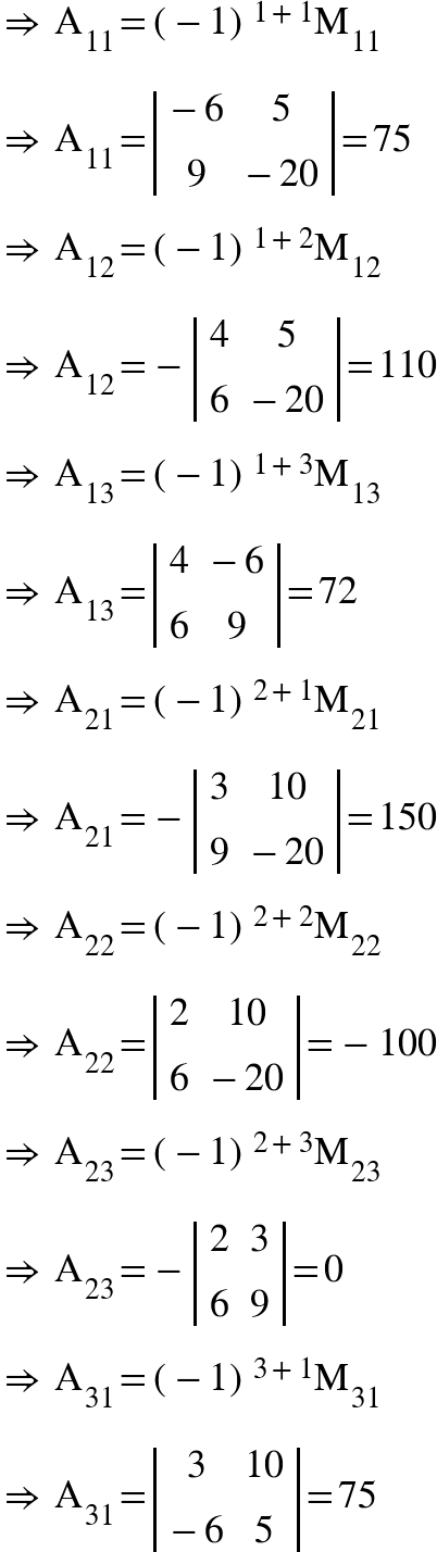 <math xmlns="http://www.w3.org/1998/Math/MathML"><mo>&#x21D2;</mo><mo>&#xA0;</mo><msub><mi mathvariant="normal">A</mi><mn>11</mn></msub><mo>=</mo><msup><mfenced><mrow><mo>-</mo><mn>1</mn></mrow></mfenced><mrow><mn>1</mn><mo>+</mo><mn>1</mn></mrow></msup><msub><mi mathvariant="normal">M</mi><mn>11</mn></msub><mspace linebreak="newline"/><mo>&#x21D2;</mo><mo>&#xA0;</mo><msub><mi mathvariant="normal">A</mi><mn>11</mn></msub><mo>=</mo><mfenced open="|" close="|"><mtable><mtr><mtd><mo>-</mo><mn>6</mn></mtd><mtd><mn>5</mn></mtd></mtr><mtr><mtd><mn>9</mn></mtd><mtd><mo>-</mo><mn>20</mn></mtd></mtr></mtable></mfenced><mo>=</mo><mn>75</mn><mspace linebreak="newline"/><mo>&#x21D2;</mo><mo>&#xA0;</mo><msub><mi mathvariant="normal">A</mi><mn>12</mn></msub><mo>=</mo><msup><mfenced><mrow><mo>-</mo><mn>1</mn></mrow></mfenced><mrow><mn>1</mn><mo>+</mo><mn>2</mn></mrow></msup><msub><mi mathvariant="normal">M</mi><mn>12</mn></msub><mspace linebreak="newline"/><mo>&#x21D2;</mo><mo>&#xA0;</mo><msub><mi mathvariant="normal">A</mi><mn>12</mn></msub><mo>=</mo><mo>-</mo><mfenced open="|" close="|"><mtable><mtr><mtd><mn>4</mn></mtd><mtd><mn>5</mn></mtd></mtr><mtr><mtd><mn>6</mn></mtd><mtd><mo>-</mo><mn>20</mn></mtd></mtr></mtable></mfenced><mo>=</mo><mn>110</mn><mspace linebreak="newline"/><mo>&#x21D2;</mo><mo>&#xA0;</mo><msub><mi mathvariant="normal">A</mi><mn>13</mn></msub><mo>=</mo><msup><mfenced><mrow><mo>-</mo><mn>1</mn></mrow></mfenced><mrow><mn>1</mn><mo>+</mo><mn>3</mn></mrow></msup><msub><mi mathvariant="normal">M</mi><mn>13</mn></msub><mspace linebreak="newline"/><mo>&#x21D2;</mo><mo>&#xA0;</mo><msub><mi mathvariant="normal">A</mi><mn>13</mn></msub><mo>=</mo><mfenced open="|" close="|"><mtable><mtr><mtd><mn>4</mn></mtd><mtd><mo>-</mo><mn>6</mn></mtd></mtr><mtr><mtd><mn>6</mn></mtd><mtd><mn>9</mn></mtd></mtr></mtable></mfenced><mo>=</mo><mn>72</mn><mspace linebreak="newline"/><mo>&#x21D2;</mo><mo>&#xA0;</mo><msub><mi mathvariant="normal">A</mi><mn>21</mn></msub><mo>=</mo><msup><mfenced><mrow><mo>-</mo><mn>1</mn></mrow></mfenced><mrow><mn>2</mn><mo>+</mo><mn>1</mn></mrow></msup><msub><mi mathvariant="normal">M</mi><mn>21</mn></msub><mspace linebreak="newline"/><mo>&#x21D2;</mo><mo>&#xA0;</mo><msub><mi mathvariant="normal">A</mi><mn>21</mn></msub><mo>=</mo><mo>-</mo><mfenced open="|" close="|"><mtable><mtr><mtd><mn>3</mn></mtd><mtd><mn>10</mn></mtd></mtr><mtr><mtd><mn>9</mn></mtd><mtd><mo>-</mo><mn>20</mn></mtd></mtr></mtable></mfenced><mo>=</mo><mn>150</mn><mspace linebreak="newline"/><mo>&#x21D2;</mo><mo>&#xA0;</mo><msub><mi mathvariant="normal">A</mi><mn>22</mn></msub><mo>=</mo><msup><mfenced><mrow><mo>-</mo><mn>1</mn></mrow></mfenced><mrow><mn>2</mn><mo>+</mo><mn>2</mn></mrow></msup><msub><mi mathvariant="normal">M</mi><mn>22</mn></msub><mspace linebreak="newline"/><mo>&#x21D2;</mo><mo>&#xA0;</mo><msub><mi mathvariant="normal">A</mi><mn>22</mn></msub><mo>=</mo><mfenced open="|" close="|"><mtable><mtr><mtd><mn>2</mn></mtd><mtd><mn>10</mn></mtd></mtr><mtr><mtd><mn>6</mn></mtd><mtd><mo>-</mo><mn>20</mn></mtd></mtr></mtable></mfenced><mo>=</mo><mo>-</mo><mn>100</mn><mspace linebreak="newline"/><mo>&#x21D2;</mo><mo>&#xA0;</mo><msub><mi mathvariant="normal">A</mi><mn>23</mn></msub><mo>=</mo><msup><mfenced><mrow><mo>-</mo><mn>1</mn></mrow></mfenced><mrow><mn>2</mn><mo>+</mo><mn>3</mn></mrow></msup><msub><mi mathvariant="normal">M</mi><mn>23</mn></msub><mspace linebreak="newline"/><mo>&#x21D2;</mo><mo>&#xA0;</mo><msub><mi mathvariant="normal">A</mi><mn>23</mn></msub><mo>=</mo><mo>-</mo><mfenced open="|" close="|"><mtable><mtr><mtd><mn>2</mn></mtd><mtd><mn>3</mn></mtd></mtr><mtr><mtd><mn>6</mn></mtd><mtd><mn>9</mn></mtd></mtr></mtable></mfenced><mo>=</mo><mn>0</mn><mspace linebreak="newline"/><mo>&#x21D2;</mo><mo>&#xA0;</mo><msub><mi mathvariant="normal">A</mi><mn>31</mn></msub><mo>=</mo><msup><mfenced><mrow><mo>-</mo><mn>1</mn></mrow></mfenced><mrow><mn>3</mn><mo>+</mo><mn>1</mn></mrow></msup><msub><mi mathvariant="normal">M</mi><mn>31</mn></msub><mspace linebreak="newline"/><mo>&#x21D2;</mo><mo>&#xA0;</mo><msub><mi mathvariant="normal">A</mi><mn>31</mn></msub><mo>=</mo><mfenced open="|" close="|"><mtable><mtr><mtd><mn>3</mn></mtd><mtd><mn>10</mn></mtd></mtr><mtr><mtd><mo>-</mo><mn>6</mn></mtd><mtd><mn>5</mn></mtd></mtr></mtable></mfenced><mo>=</mo><mn>75</mn></math>