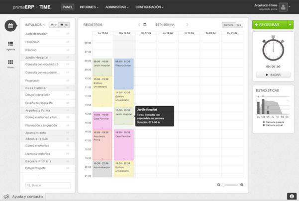 Panel del calendario en primaERP TIME TRACKING.