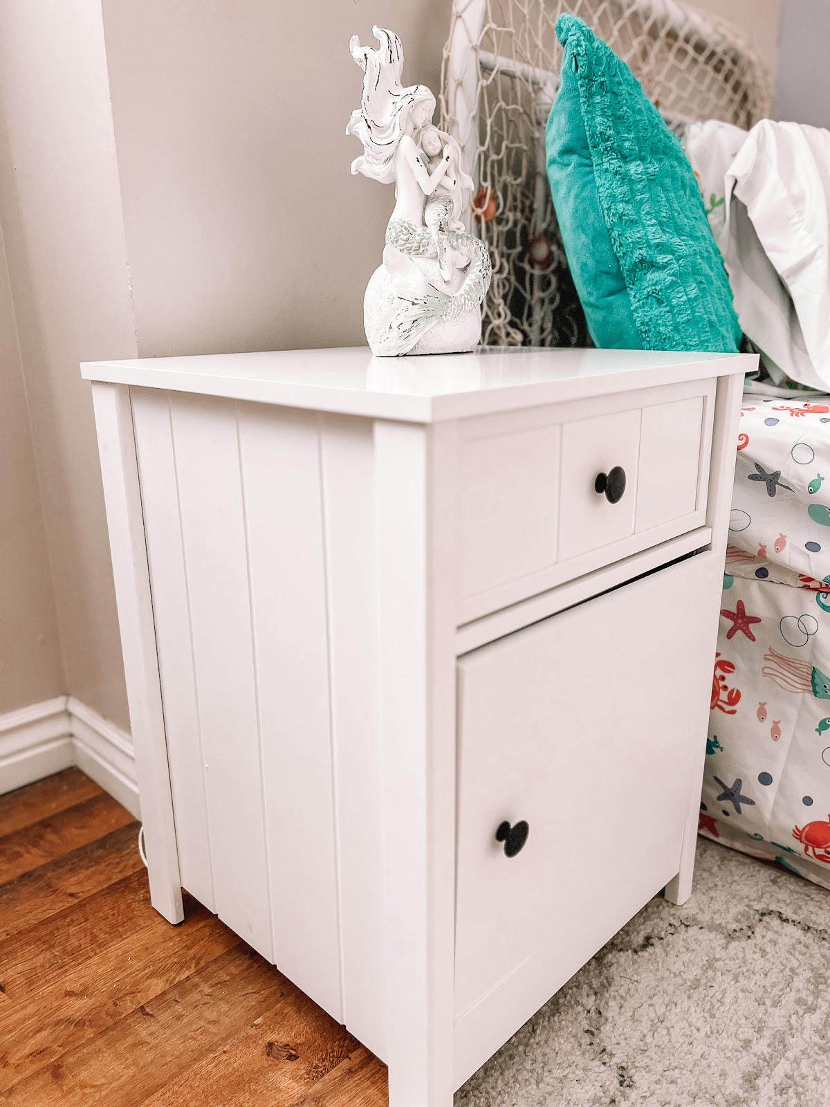 coastal toddler room featuring sunnydaze Beadboard Nightstand Side Table with Drawer and Cabinet - White mermaid toddler room