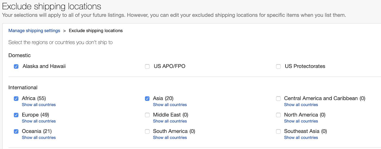 Picking non-shipping regions on eBay