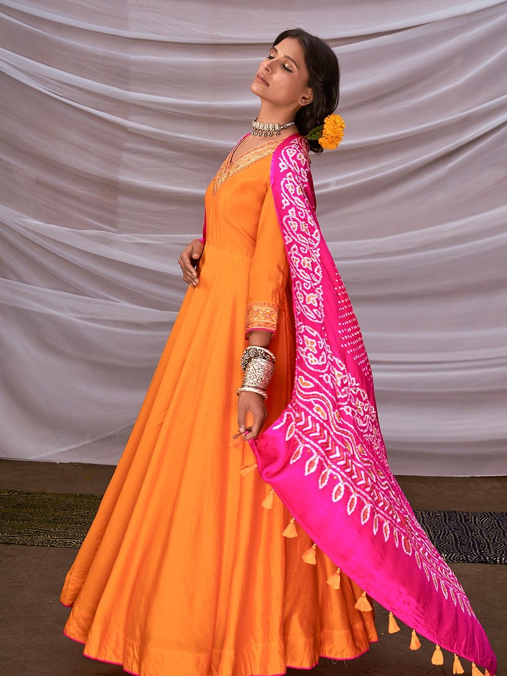 the loom-Orange Embroidered Chanderi Silk Anarkali Kurta