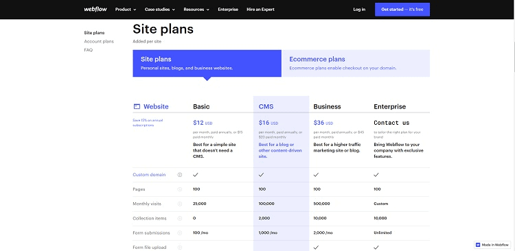 Página de precios de flujo web