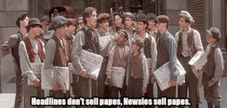 Jack Kelly, Davie, and all of the newsies from the movie version of Newsies. Jack says "Headlines don't sell papes, Newsies sell papes."