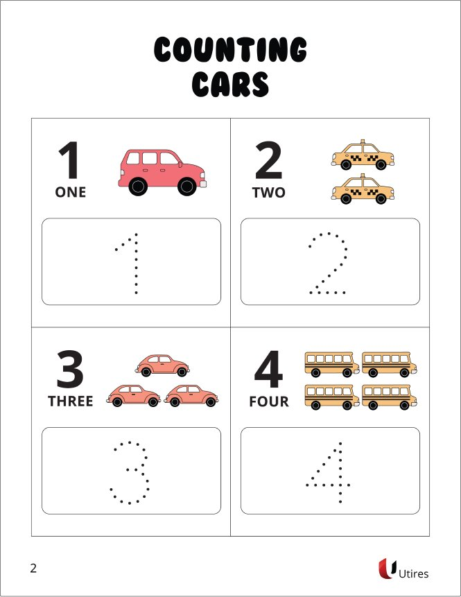 Car counting free printable for long road trips and travel with young kids.